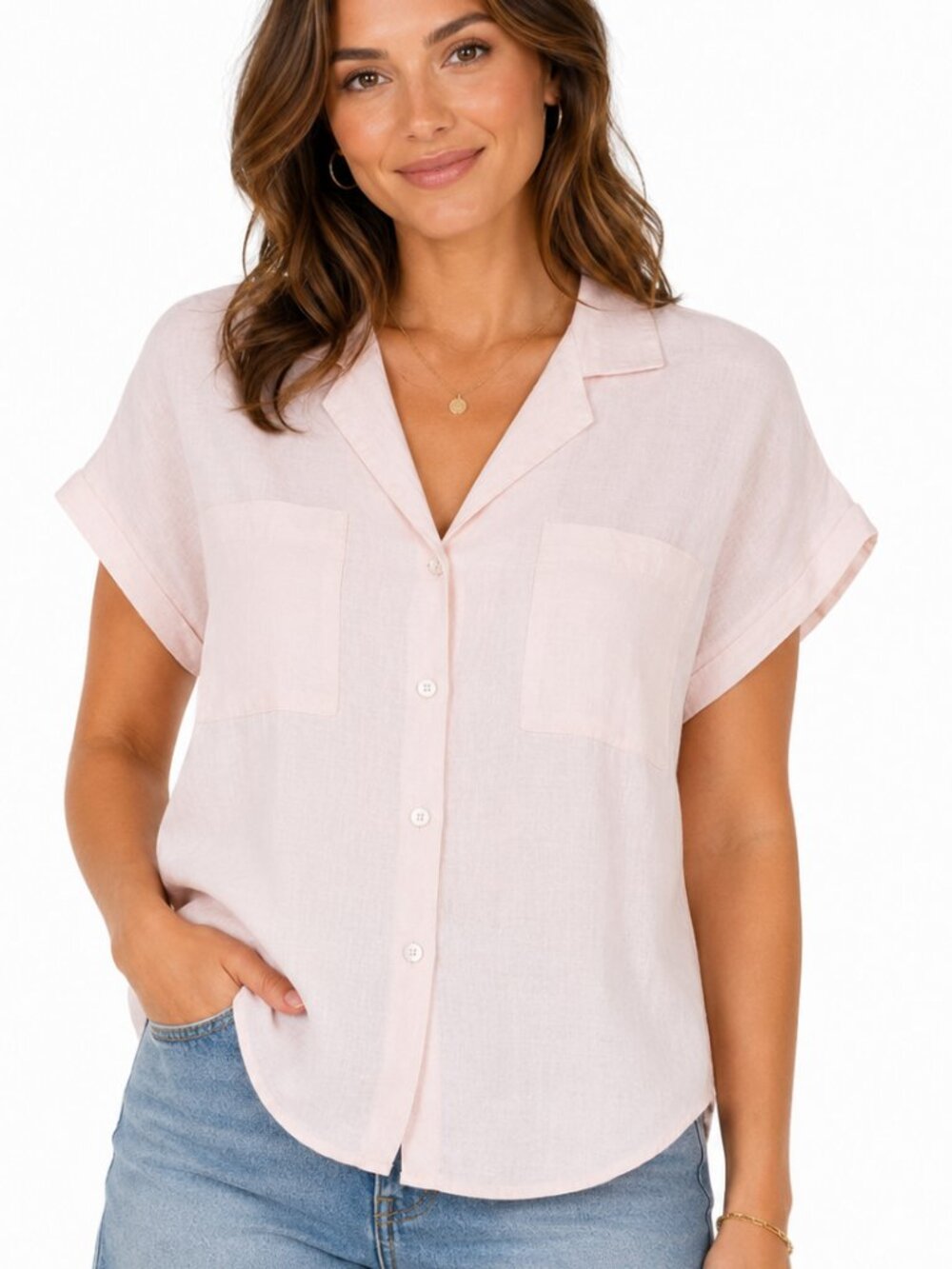 Women's 100% Linen Pink Button Front Shirt UK Size 8/ Medium